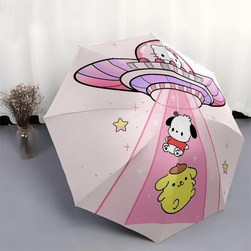 1pc Hello Kitty UFO Abduction Automatic Opening/Closing Umbrella - Portable Tri-Fold Design with 8-Bone Iron Frame, Outdoor, Gift for Fans, Travelers,