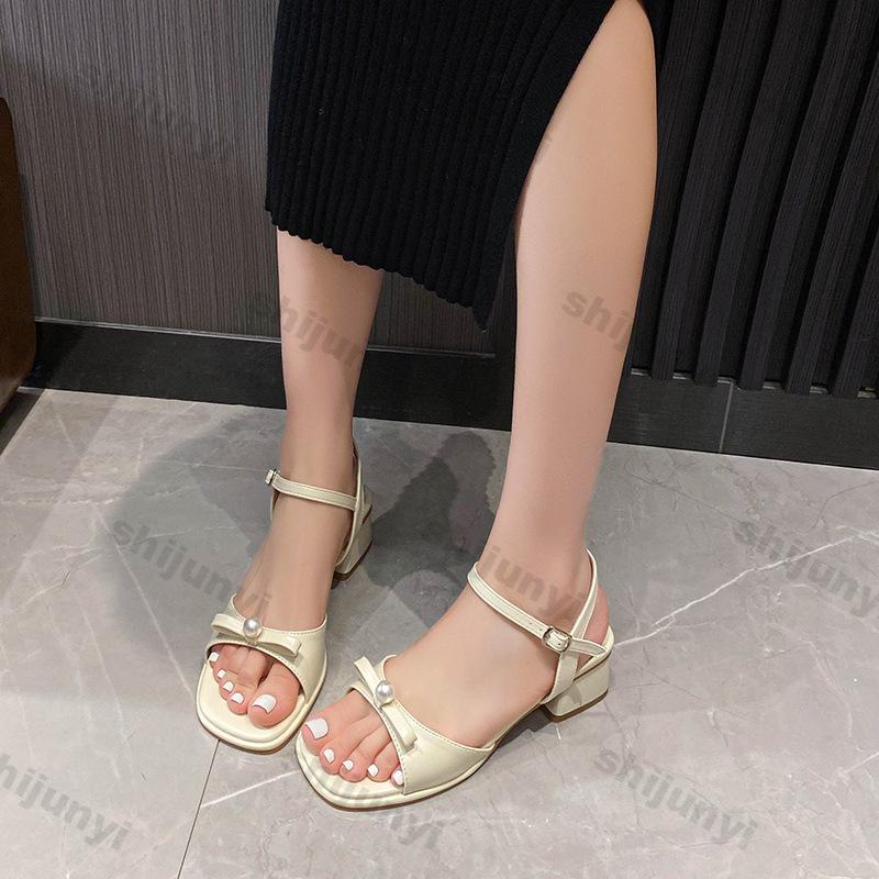 Fashion Elegant Medium Heel Women's Shoes 2025 New Fashion Square Button Chunky Heels Fashion One Word Buckle Strap Square Toe Sandals