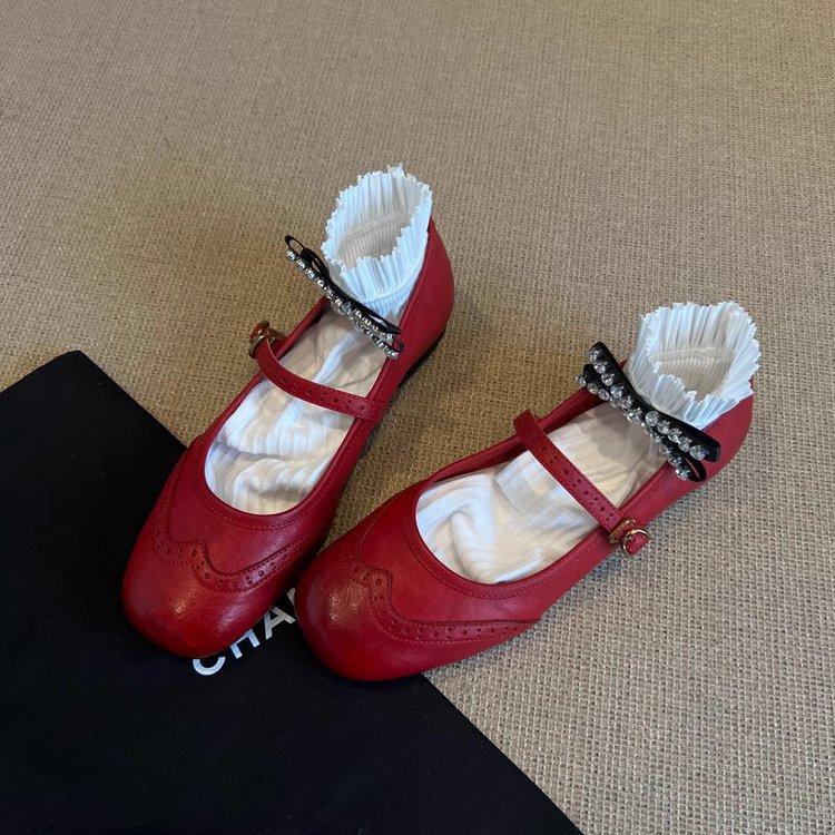 

Soft leather version~ retro flat-soled small leather shoes, shallow mouth square head genuine leather Mary Jane shoes, one-word buckle red small si 35