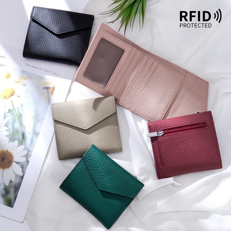 Leather new wallet three-fold women's multi-card card bag RFID cowhide ultra-thin short clutch bag large capacity