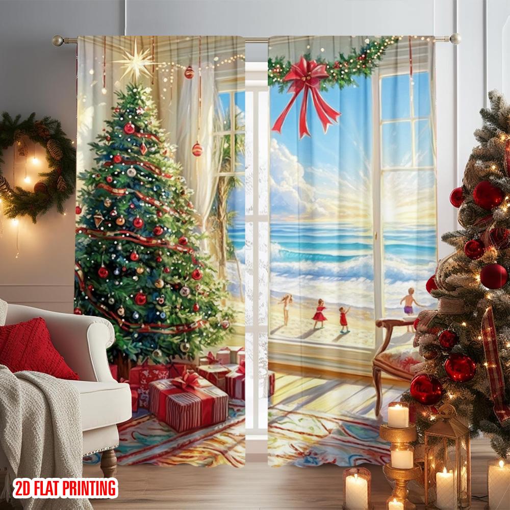 2pcs 2D flat printing Merry Christmas Curtain Christmas Tree Beach Durable 100% Polyester Fabric Without Electricity Family