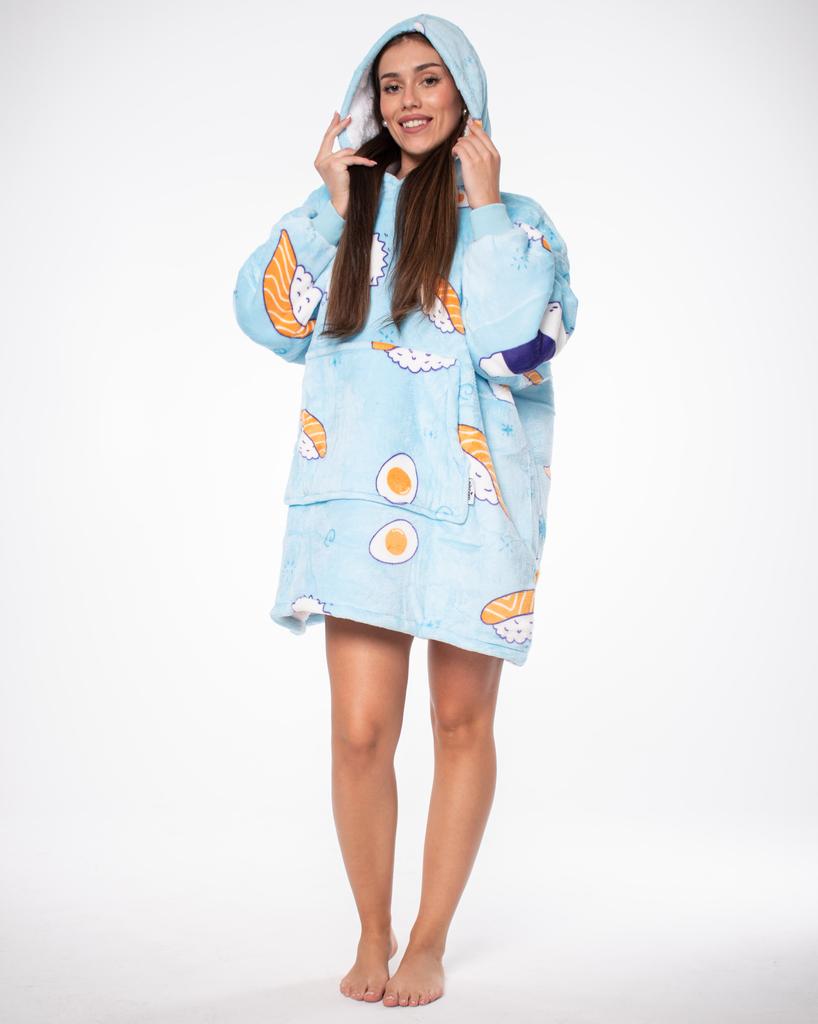 Bluza koc kocobluza 2w1 oversize kaptur gruba sherpa niebieska w sushi