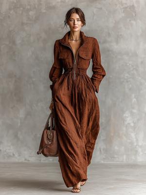 Damen Langkleid mit Reißverschluss Stehkragen Elastischer Bund Urlaubsstil Outfit Damenbekleidung