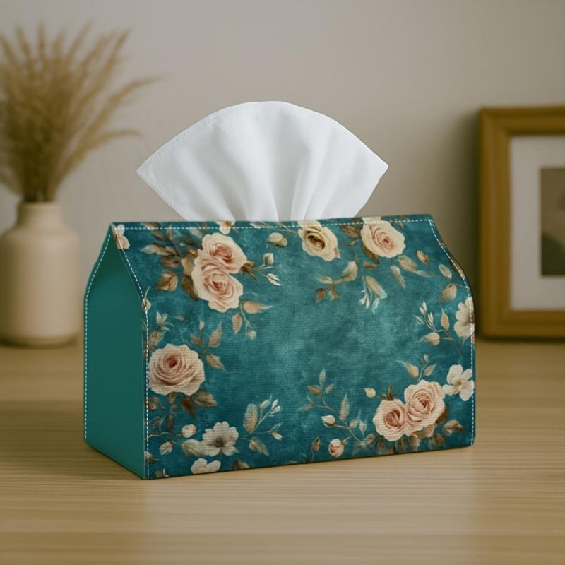 1pc Rustic Floral Tissue Box Cover, Featuring a Tea Rose Bloom Design In Teal, Is Made from High-Quality, Durable, And Lightweight Materials. It Is Fo