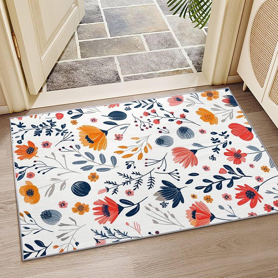 Door Mat Fresh White Background Illustrated Floral Pattern Non Slip Print Entryway Rug for Minimalist Home Decoration