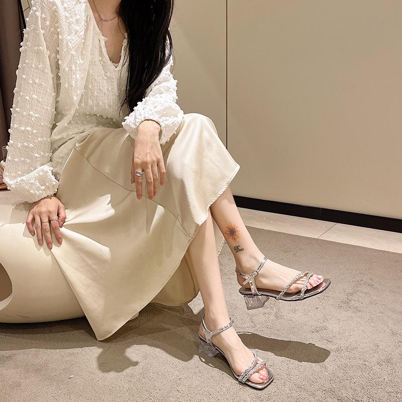 Rhinestone High Heels Women's Summer Wear 2025 Summer New Thick Heel with Skirt One Word with Transparent Crystal Sandals