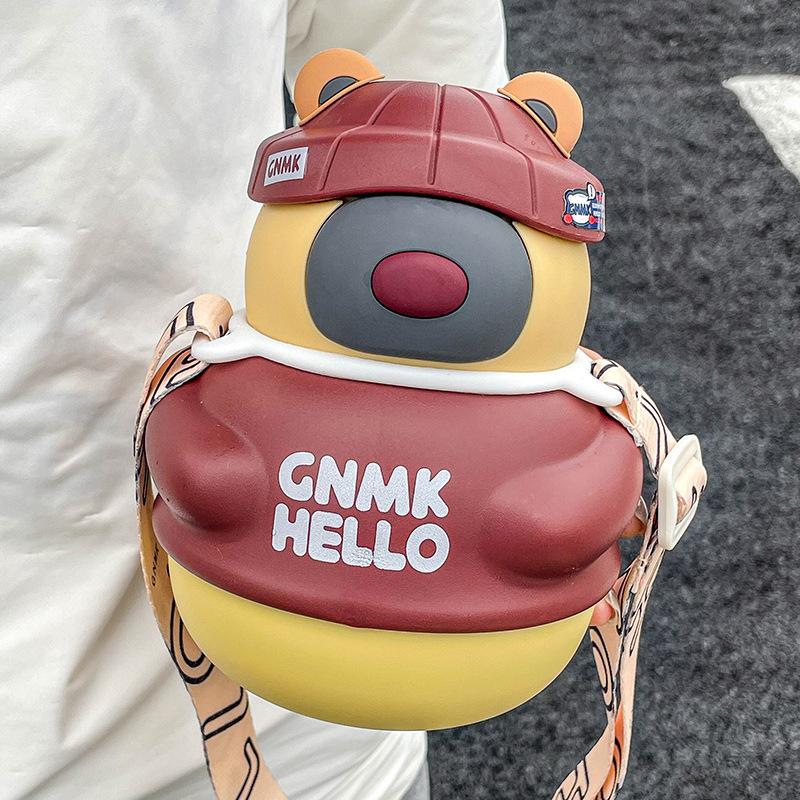 Kawaii Bear Insulated Cup For Girls Cute Big Belly Straw Water Bottle Stainless Steel Kids Thermos 600ml