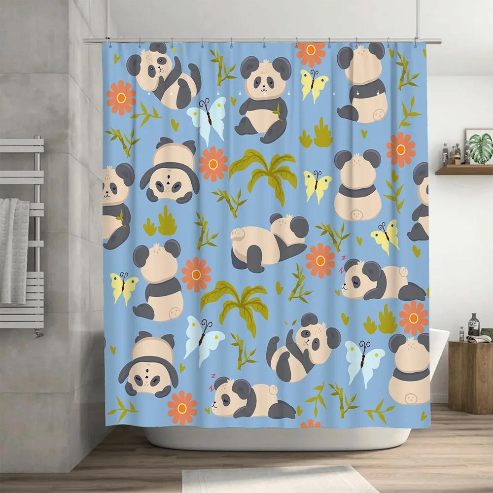 

Panda-themed shower curtain set with cartoon bees, butterflies, bamboo leaves and flowers for bathroom decor in blue color W90xH180cm