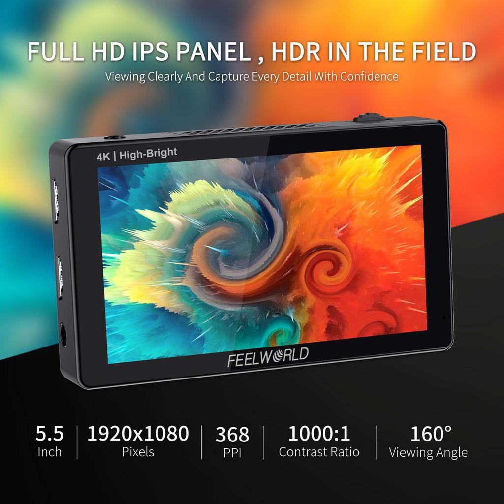 FEELWORLD LUT5E 5.5 Inch High Bright 1600nit Touch Screen DSLR Camera Field Monitor F970 External Power and Install Kit 4K HDMI