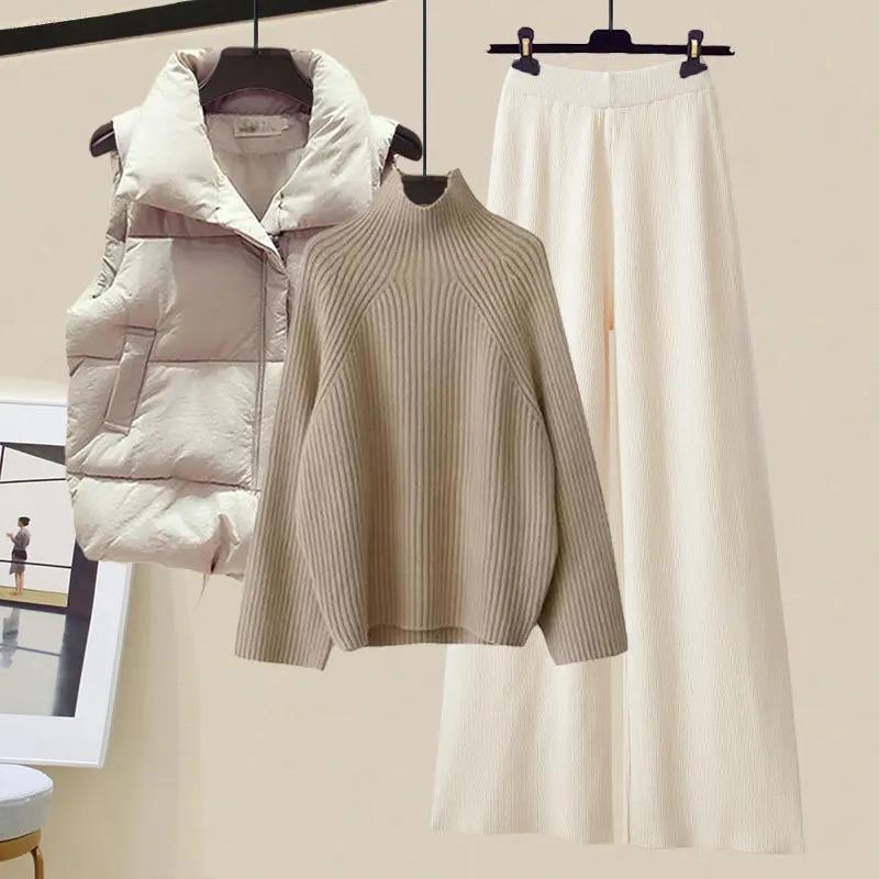 Women's Slimming Bell Bottoms Three-Piece Cotton Padded Coat Vest Polo/Turtle Neck Sweater Winter Wear