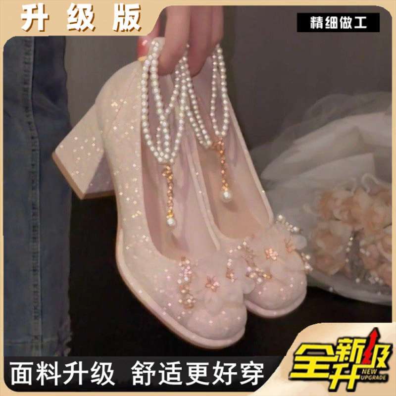 Rundkopf dicker Absatz High Heels weiblich Abendfee neuer chinesischer Stil mit Cheongsam Hochzeitsschuhe Brautschuhe Mary Jane Damenschuhe
