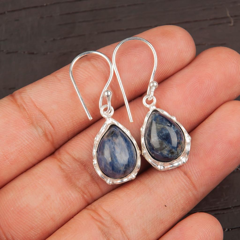 Natural Sodalite Gemstone 925 Sterling Silver Jewelry Handcrafted Earrings 1.30" EE-3-28