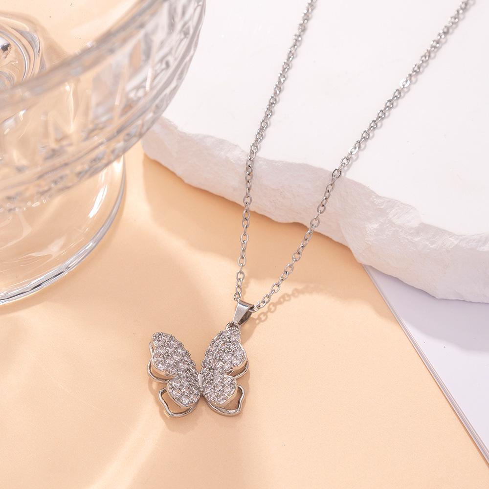 Double Layer Butterfly Necklace with Zircon Diamond Pendant - Chic, High-End Clavicle Jewelry
