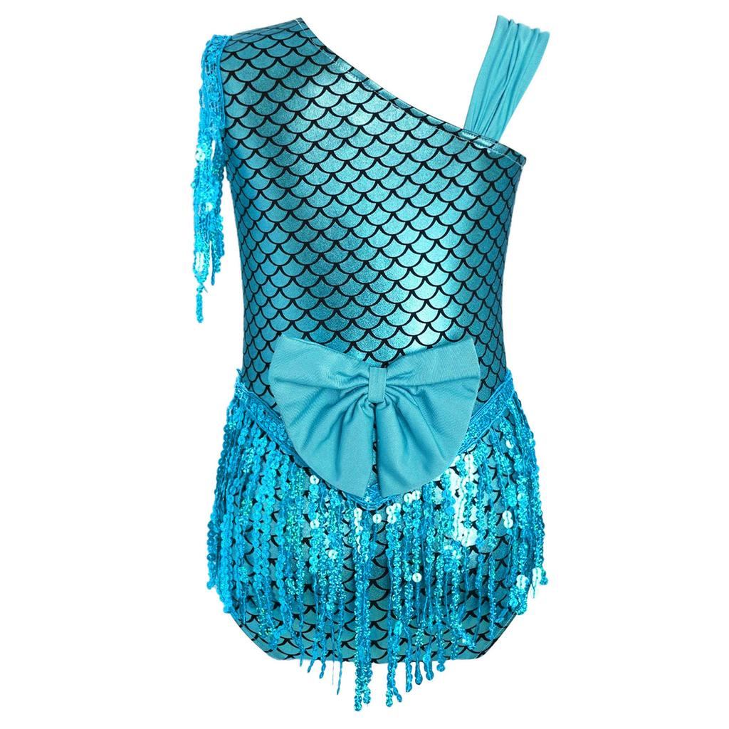 Girls Metallic Fish Scale Dance Leotard Bowknot Back Design Sparkly Sequins Tassels Bodysuit