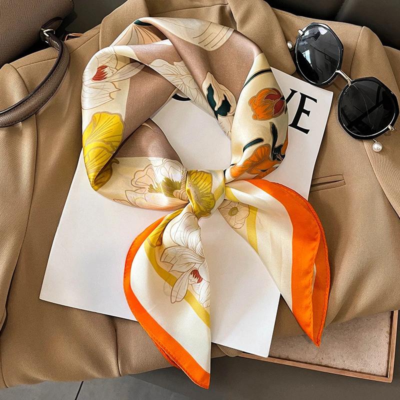 Flower Fashion Decoration Neckerchief SpringSummer Square Scarf For Women Soft Satin Printed Travel Headband