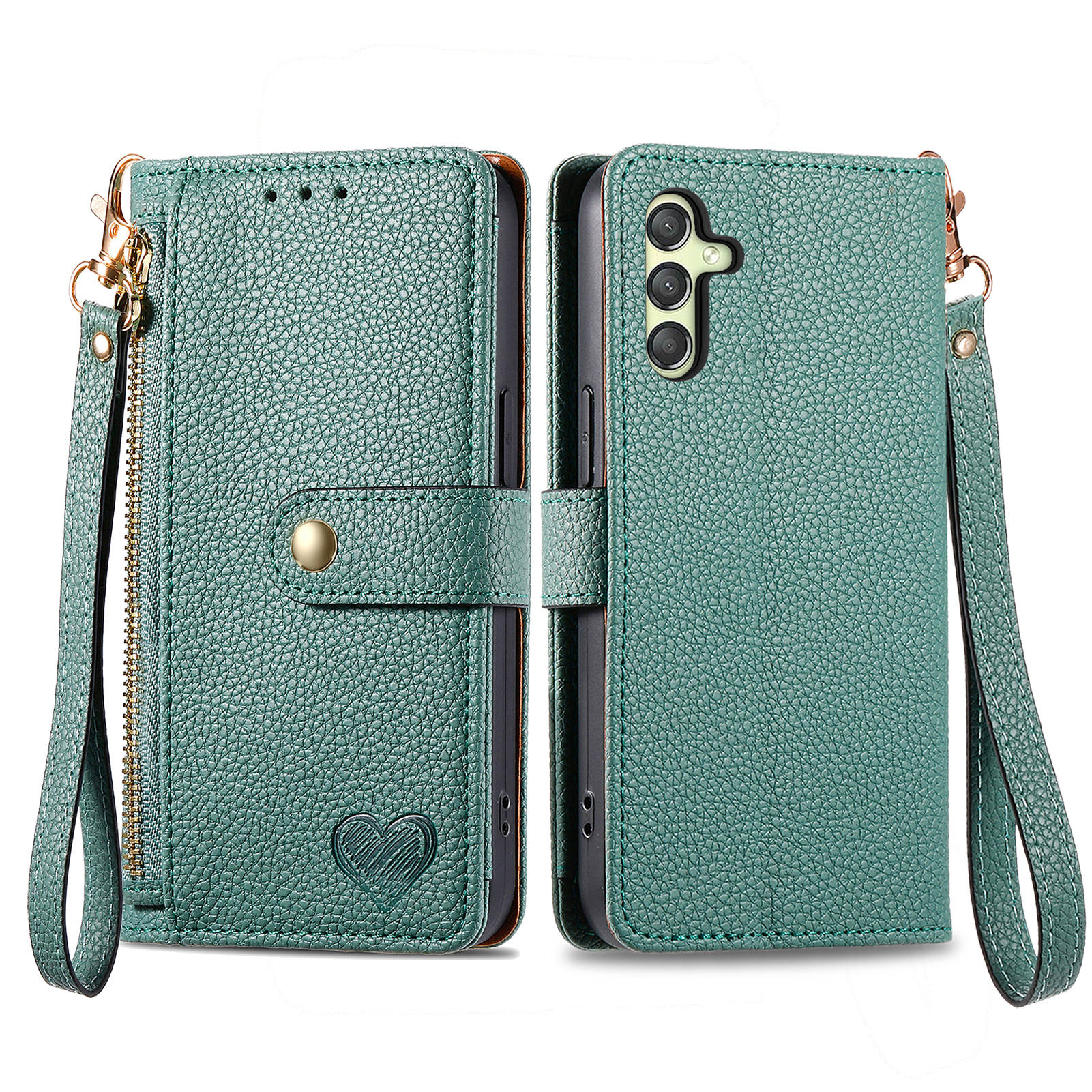 

For Samsung Galaxy A24 4G (162.1 x 77.6 x 8.3mm) Leather Case RFID Blocking Zipper Wallet Phone Shell Green