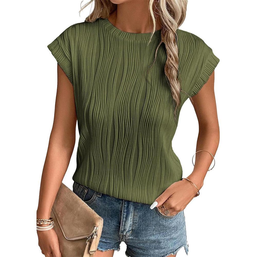Crew Neck Short Sleeve for Women Summer Pleated Print Solid Short Sleeve Casual Fashion T-shirt Breathable Lightweight Comfortable Work Vacation Top