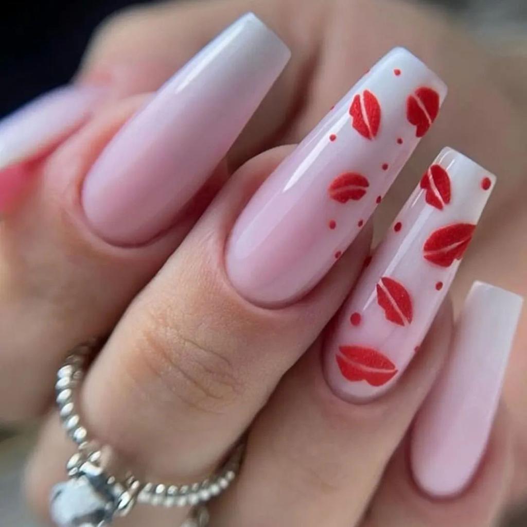 24pcs Long Press On Nails French Gradient Color Red Lips Print Artificial Nail for Women and Girl Party Activity