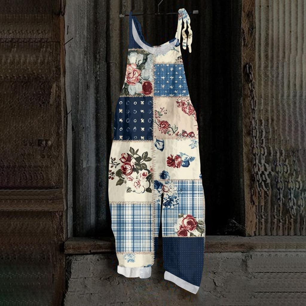Women's One-piece Pants With Retro Prints, Casual Loose Retro Straps, And Cotton And Linen