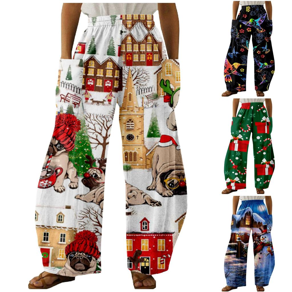 Women Fashion Christmas Print Casual Loose Pants Plus Size Loose Pants