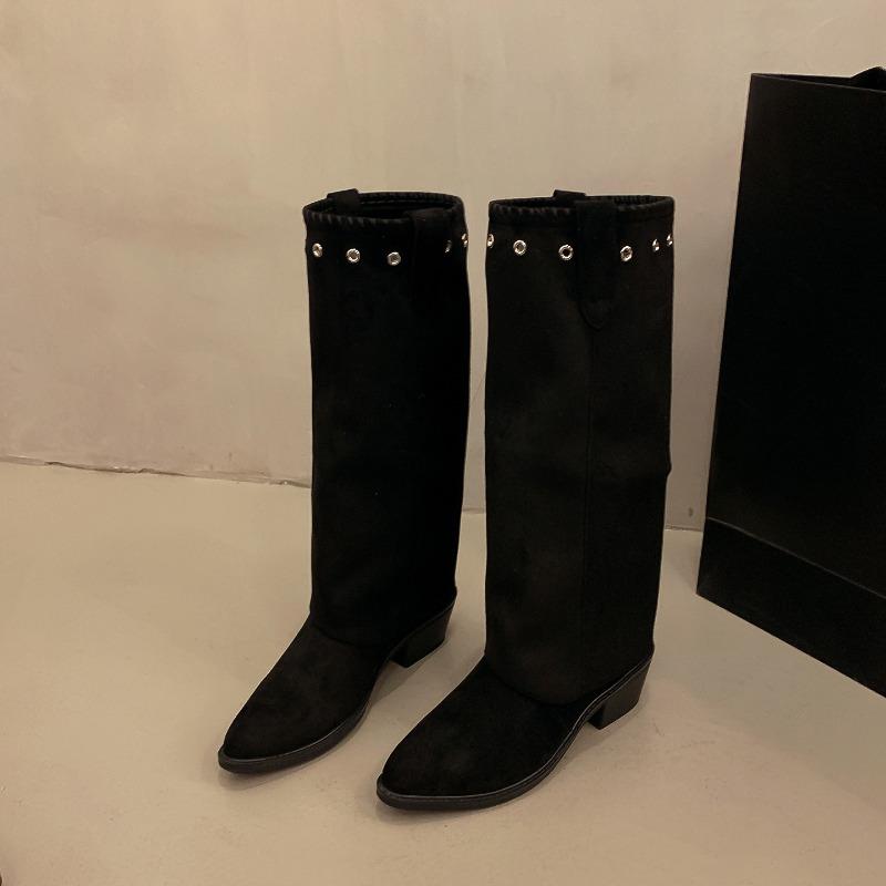 Fashion Vintage Thick Heel Women Western Cowboy Boots Button Combination Splicing Shoes Autumn Winter Ladies Pipe Long Booties