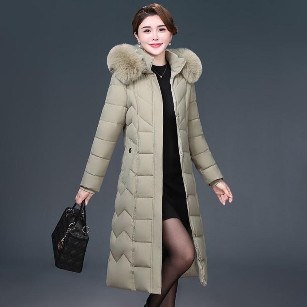 Vinter medellång dunjacka över knäet, plusstorlek, förtjockad kappa för medelålders och äldre mödrar