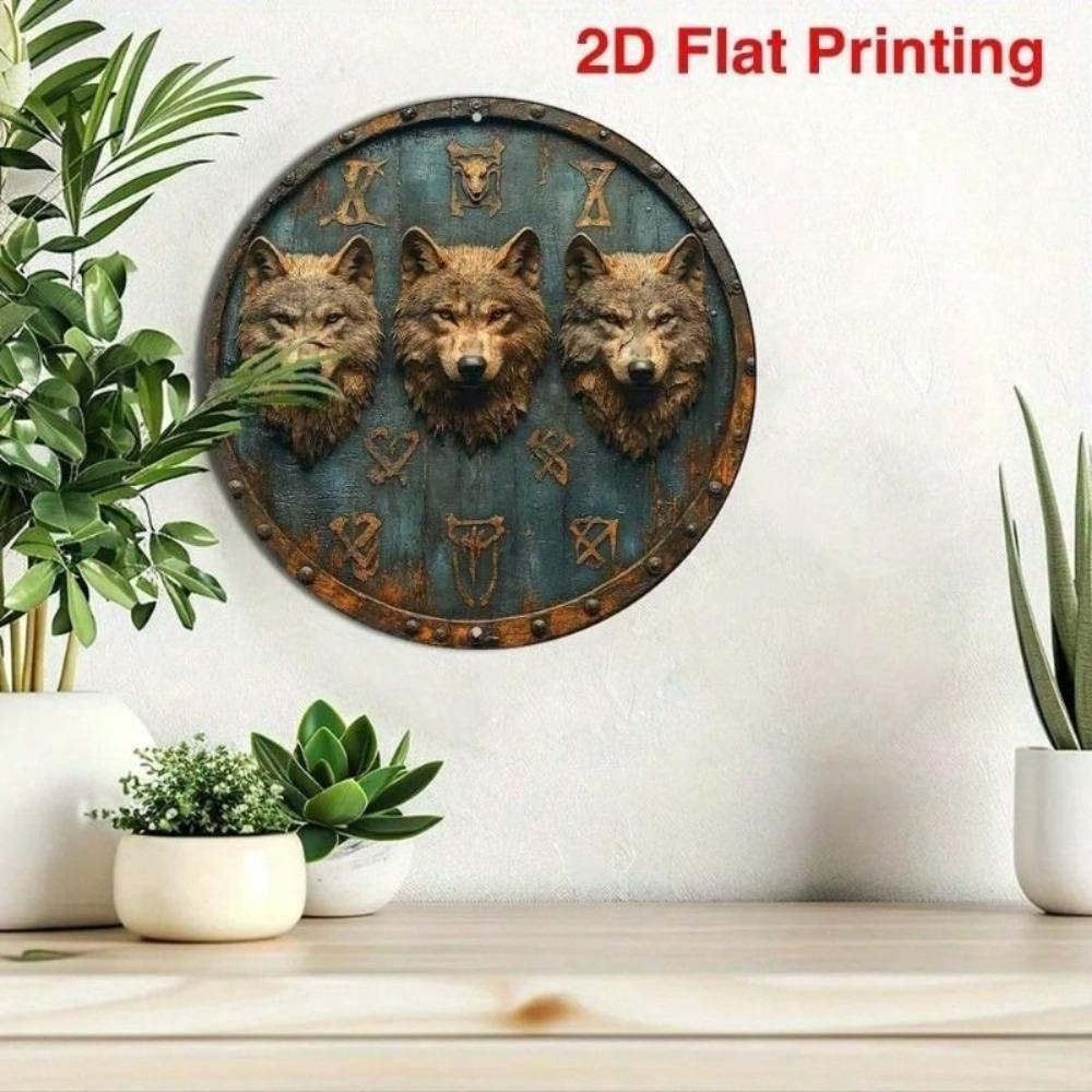 Viking Shield Wall Art Metal Painting Scandinavian Wolf Runic Decor 20x20cm
