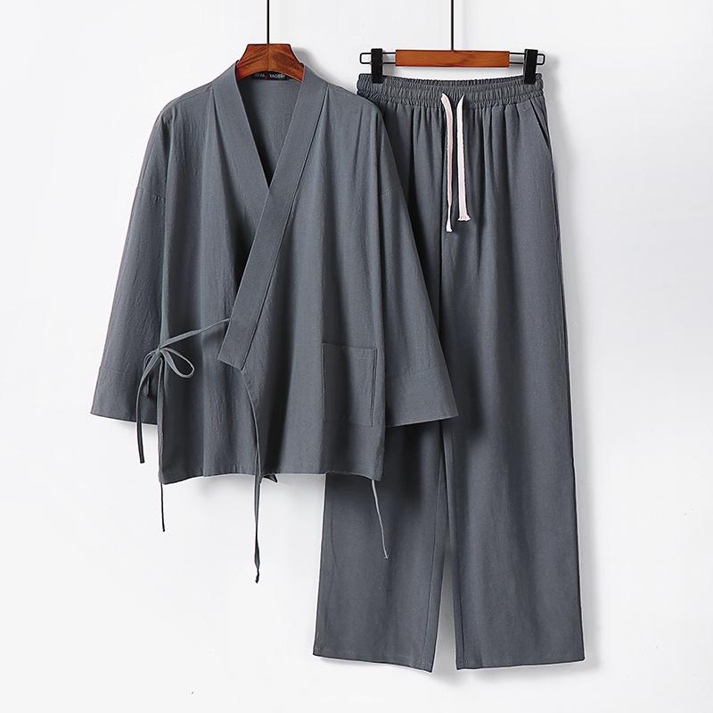 Pánský bavlněný lněný Tang oblek nadměrné velikosti: Sedmikrkavý Hanfu Daoistická košile a roucho Dvoudílná sada v čínském stylu