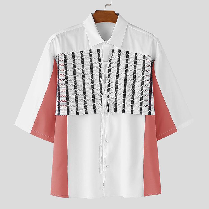 INCERUN Men Lapel Neck Short Sleeve Stitching Lace Splicing Casual Oversized Shirts S