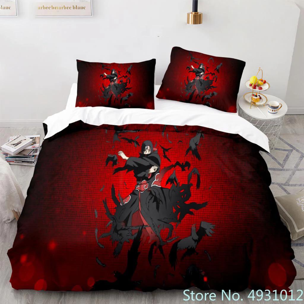 Anime Uchiha N-Naruto Uzumaki Red Cloud Bedding Sets Household Quilt Duvet Cover Itachi Home Textile Bed Suit Children Kids Gift