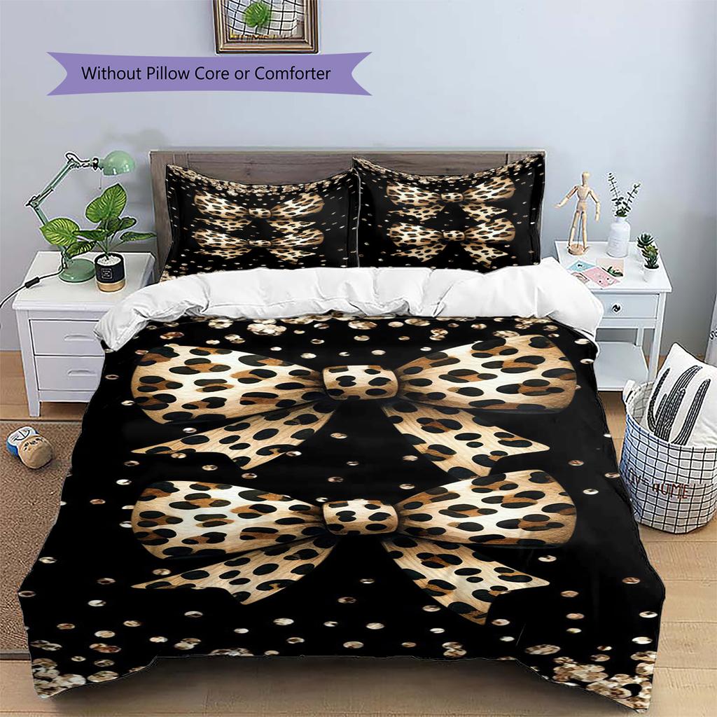 Leopard Bow Pattern Bedding Quilt Set Quilt Cover Pillowcase Home Decoration Gift (1 * duvet cover + 2 * pillowcase, without core)
