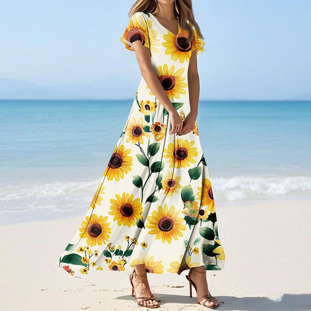 Women's Casual Fashion Print Long Dresses V-Neck Short Sleeve Dresses