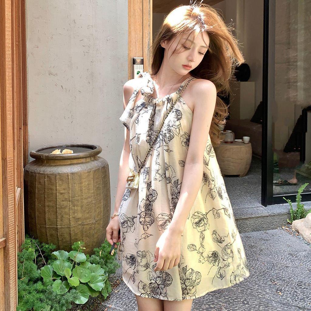 Summer Ink Painting Halter Neck Dress - Gentle, Sweet, Petite Short Skirt