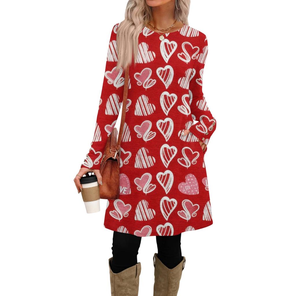 Women's fashion casual pocket decorative button dress round neck long sleeve printed dress