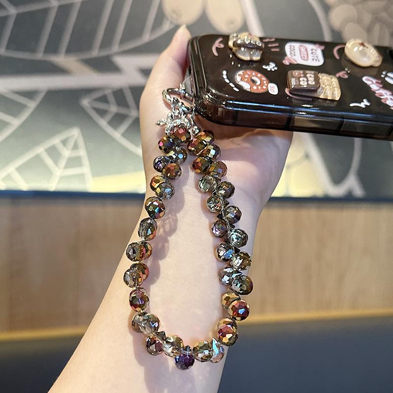 Chaveiro Portátil de Luxo Y2K com Glitter e Cristais Corrente de Contas Pulseira Lanyard Curto com Clipe Peça para Capa de Celular Ornamento da Moda