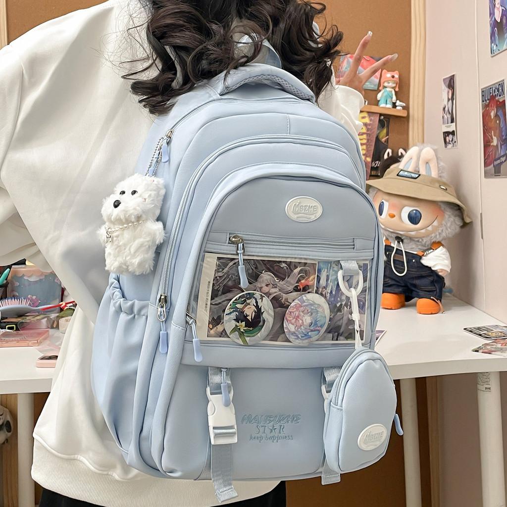 Color Solid Simple Letter Embroidery Student Backpack With Pendant And Badge