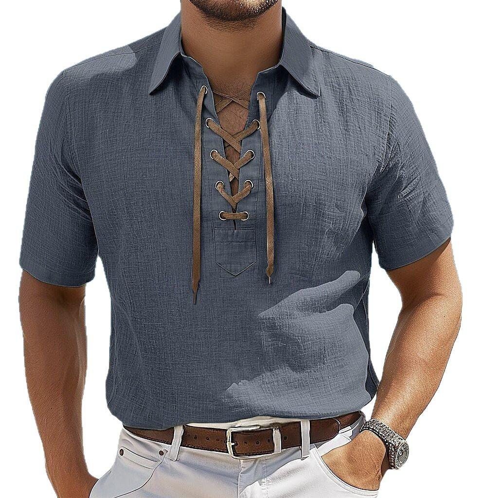 Vintage Drawstring Turn-Down Collar T-Shirt Men Summer Daily Casual Solid Color Cotton Linen Tops Mens Leisure Short Sleeve Tshirts