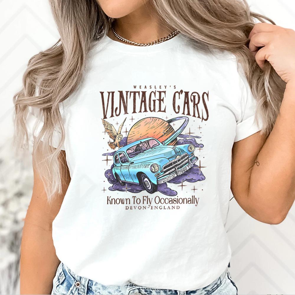 

Funny Wizard Flying Car T-shirt Vintage Flying Cars Shirt HP Inspired Tee Magic Shirt Fan Gift Unisex Trendy Short Sleeves Tops S