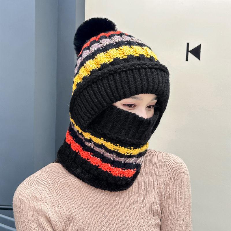 Women's Fleece Lined Thickened Hat Scarf Face Cover Integrated Hat for Autumn Winter Outdoor Cycling Windproof Warm Knitted Cap