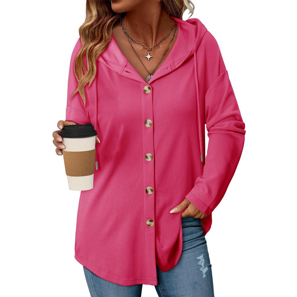 Women's Fashion Casual Raglan Long-Sleeve Drawstring Coat, Vintage Buttoned Hooded Coat