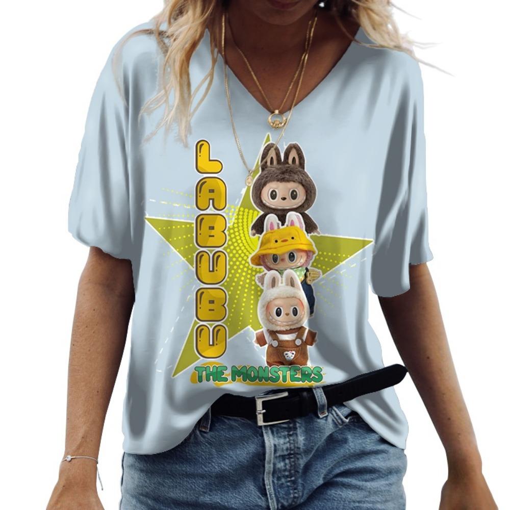 

Бавовняна футболка з коротким рукавом Labubu, Літо 2025, З рукавом до ліктя, У стилі інс, Універсальний вуличний одяг, Повсякденна жіноча футболка з коротким рукавом XXL