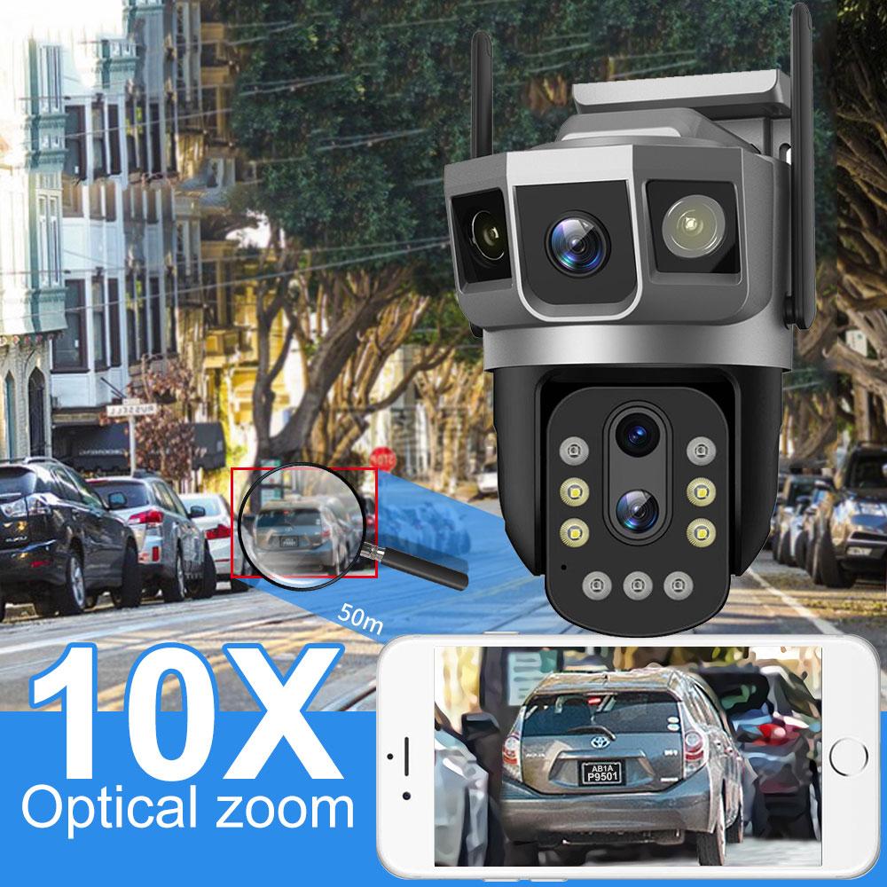 4G IP Camera with 4G Sim Card 12MP 6K Triple Screens Optical Zoom PTZ Motion Detect Color Night Vision Security Monitor EU Plug