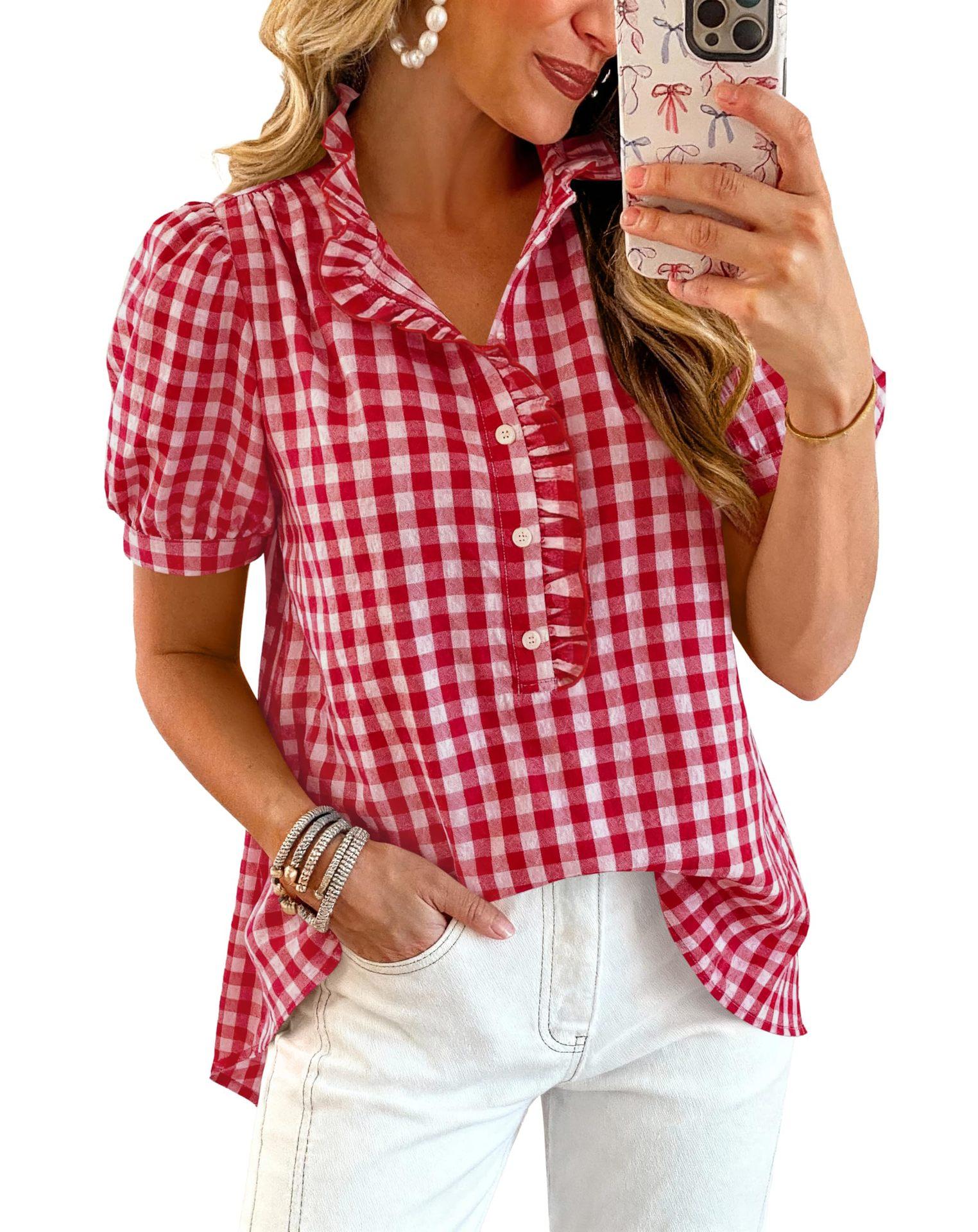 

European beautiful women s summer new casual button-down short-sleeved casual loose plaid shirt XL червоний