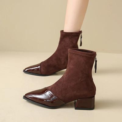 2024 Hochwertige Damenstiefel Knöchel Damenstiefel Elegant Moderne Stiefel Damen Nähen Spitzschuh Mittelhoher Absatz Reißverschluss hinten Schuhe Damen