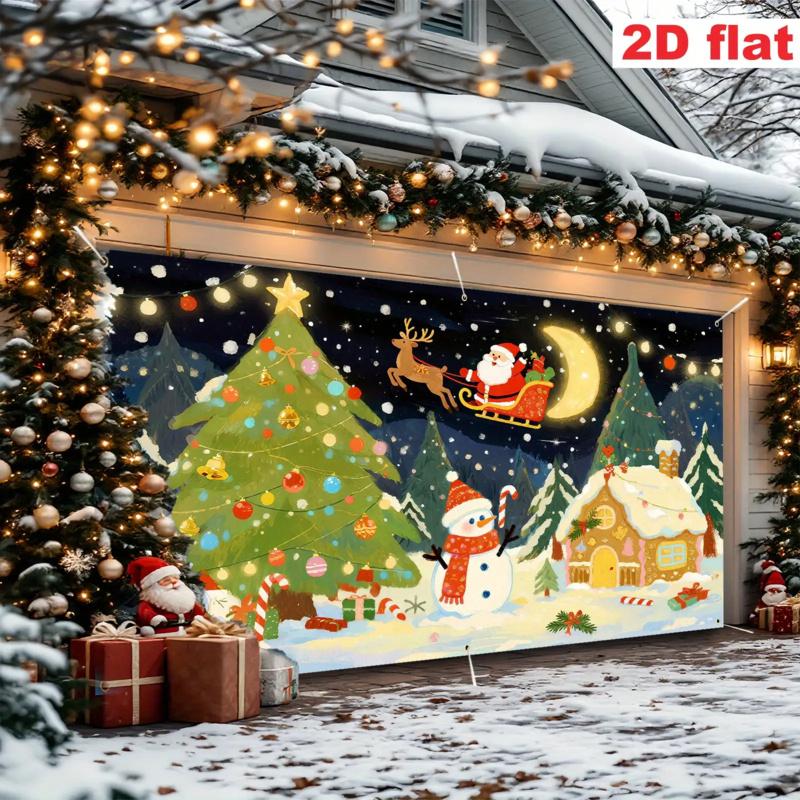 1pc 2D Flat Christmas Party Banner Santa and Snowman Design with Snowy Village Scene No Power Required