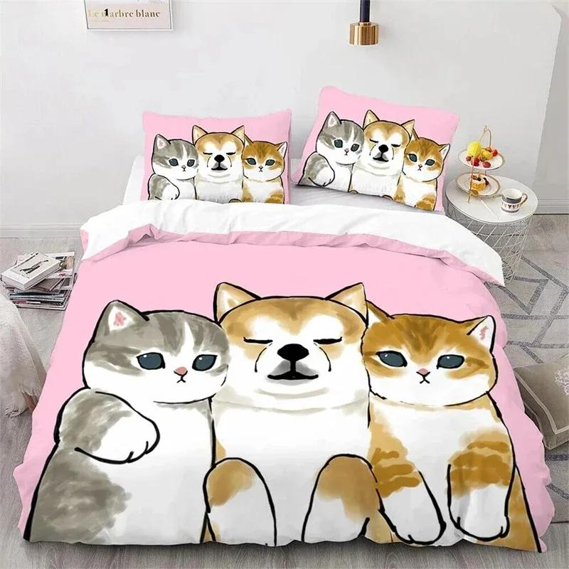 Cute Kitten Duvet Cover Pillow Case Mofusand Anime Shark Cat Bedding Set Single Double Queen Size Teen Gift Room Decor 3PCS set