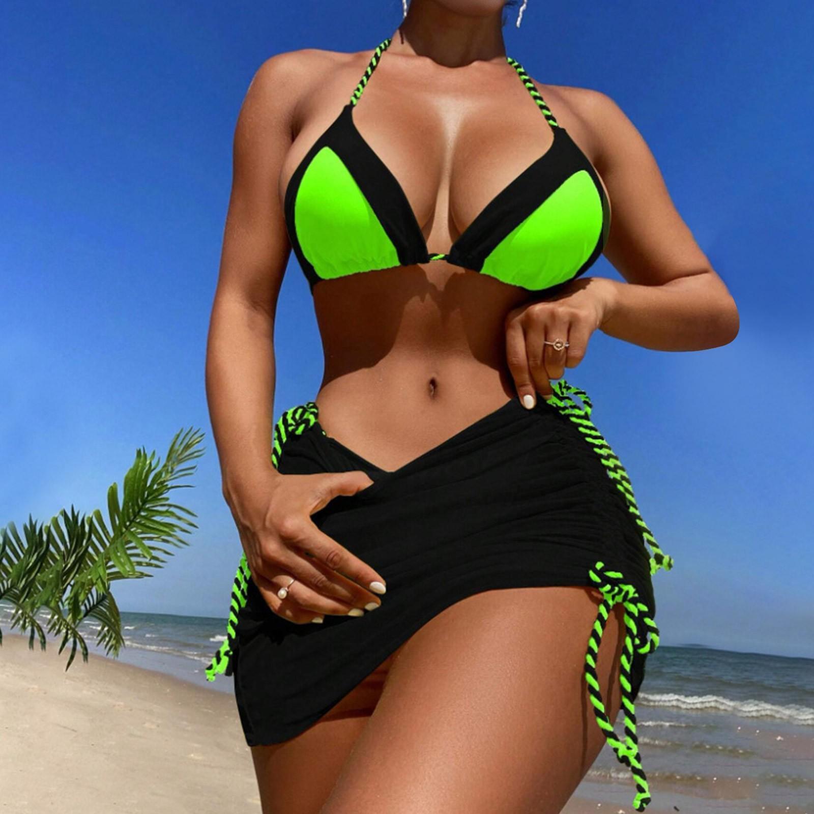 

Женский комплект бикини с высокой грудью и бретелями с принтом, двухсекционный купальник L чёрный