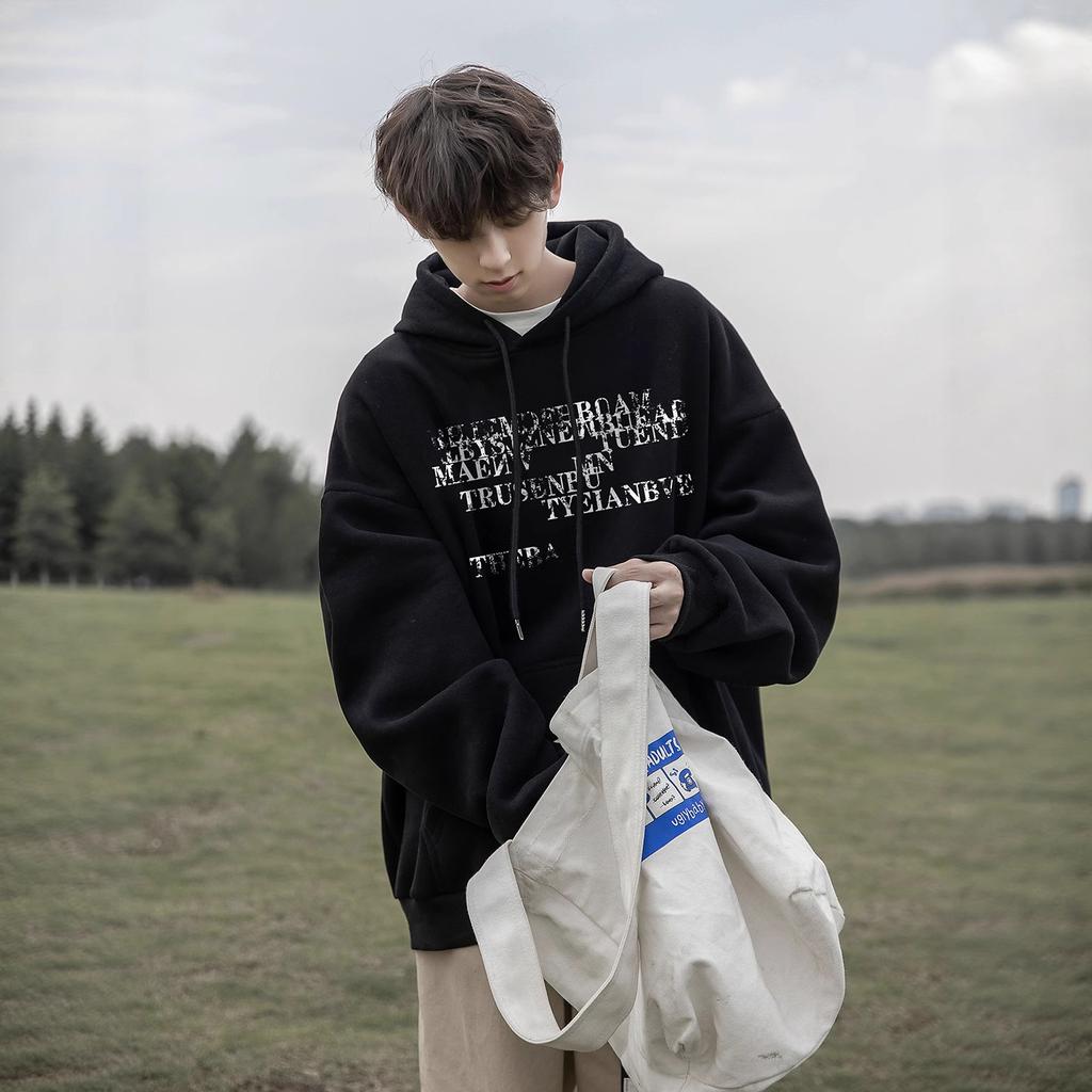 Letter Hooded Sweater Men's Autumn and Winter New Hat Rope Design Loose Fleece Thickened Coat