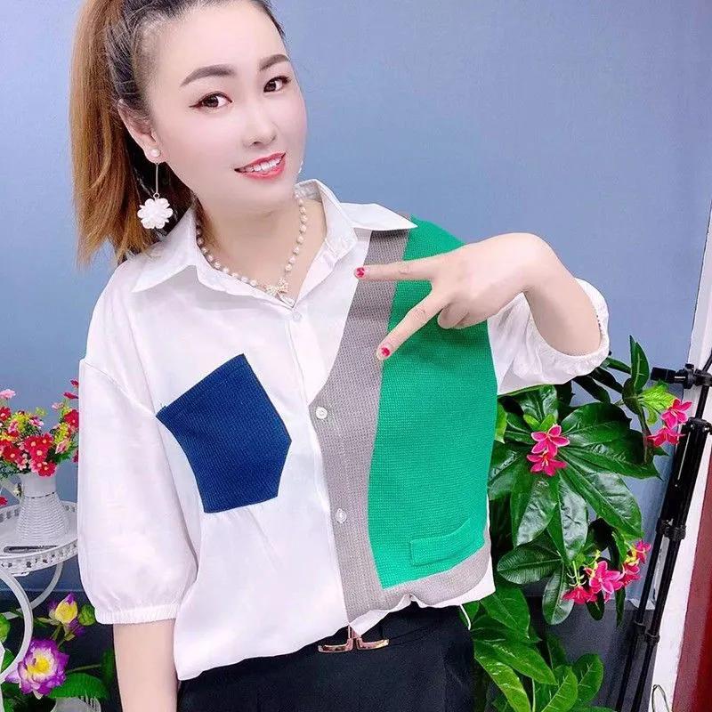 

WTEMPO женские рубашки из ткани пэчворк весна-лето ретро элегантные повседневные свободные тонкие топы с отложным воротником и карманами 3XL зелёный