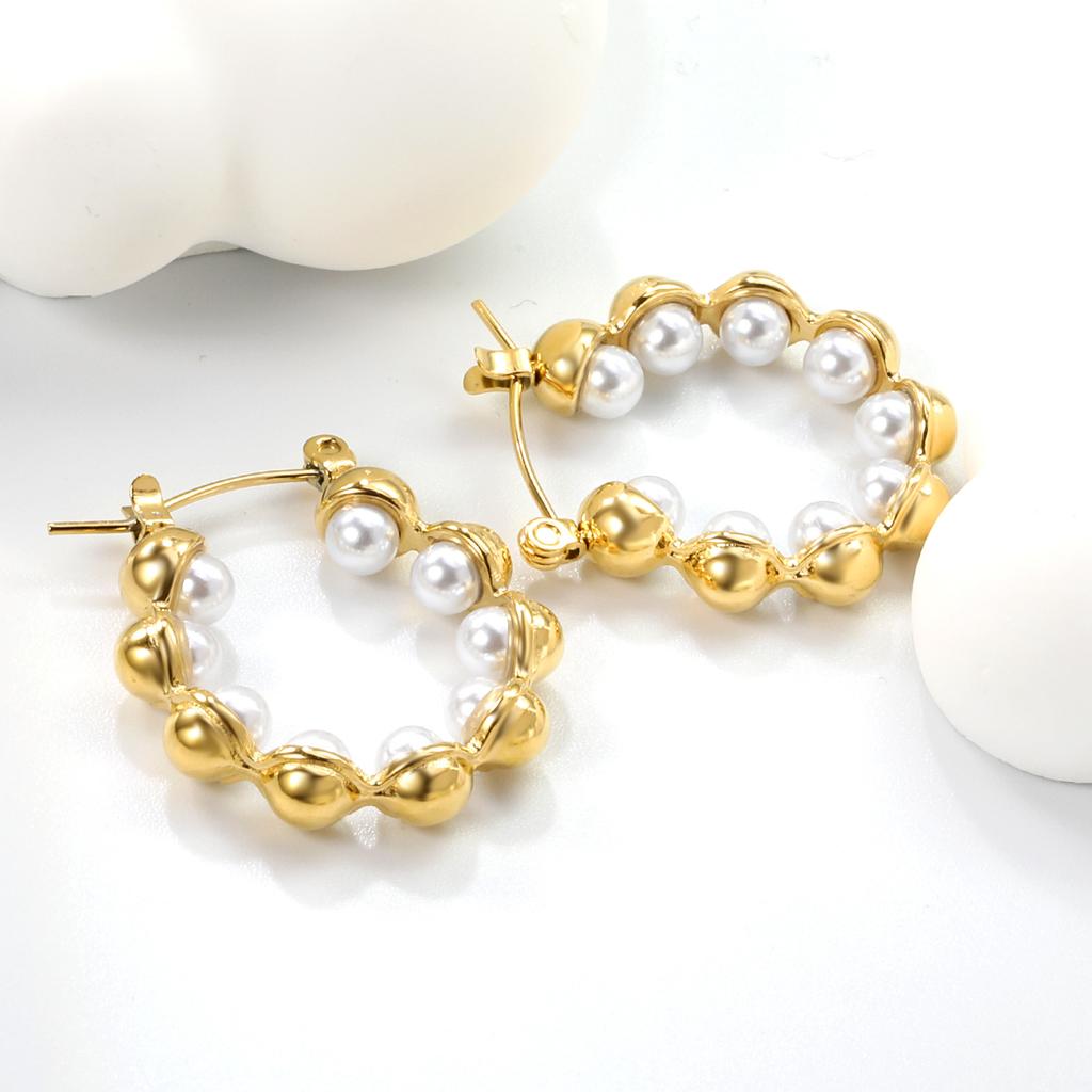 Imitation white pearl ear buckle niche design temperament earrings stainless steel electroplated 18K gold earrings women